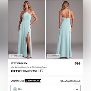 NWT Azazie Bailey Bridesmaid Halter Slit Chiffon A-line Mist Dress